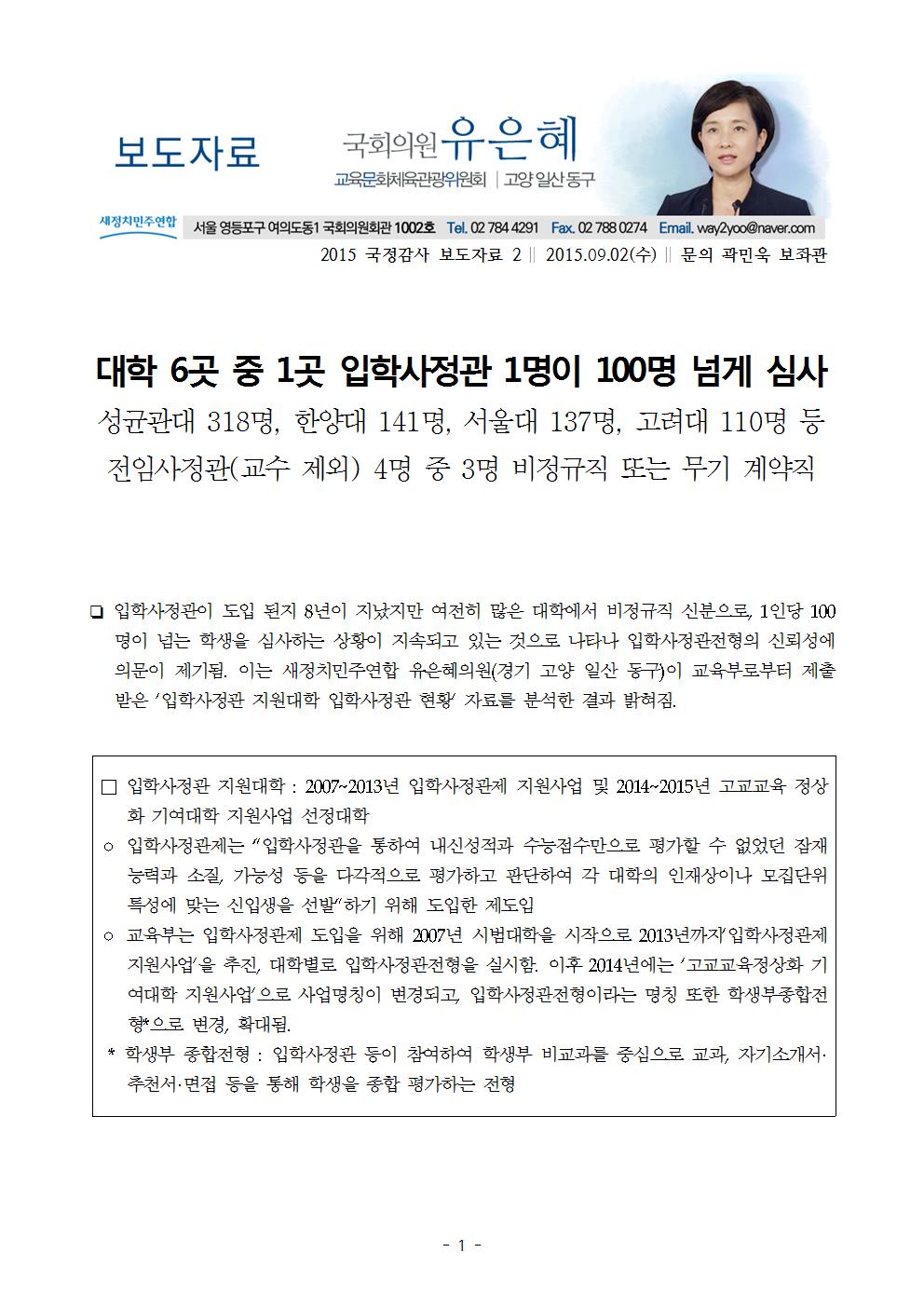 [국감_02]150902_(보도자료)대학 6곳 중 1곳 입학사정관 1명이 100명 넘게 심사_유은혜의원실001.jpg